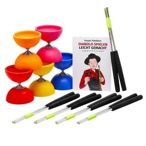 Diabolo Schulset: 5 x Diabolo mit Starrachse, Handstäben und Anleitung